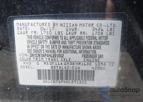 2017 Nissan Versa 1.6 S+ z USA, uszkodzony, nr VIN 3N1CN7AP4HL891852